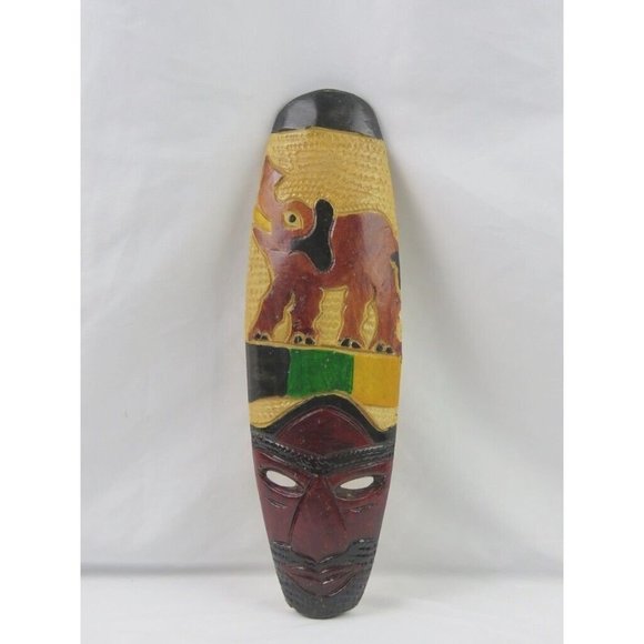 Hand Carved Hand Painted Wood African Tribal Mask Man Elephant  17" Tall - Picture 1 of 6